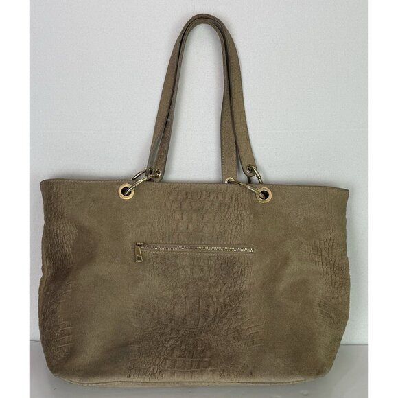 Vera Pelle Large Tote Leather and Suede‎ Crocodile Embossed Bag Purse Tan GUC - Picture 1 of 16